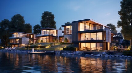 Naklejka premium 3d rendering of modern house by the river at evening, house, luxury, villa, modern, architecture, building, exterior, residential, property, designer