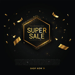 Super Sale banner on dark elegant background with golden elements and text 