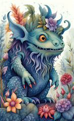 Fototapeta premium watercolor illustration, Dragon, monster theme, cartoon drawing, very cute, print for background,