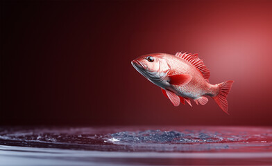 Fototapeta premium fish jumping out of water isolated, red background, fish flying
