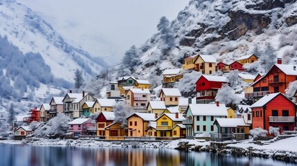 Fototapeta premium A snow-covered village nestled in the mountains 