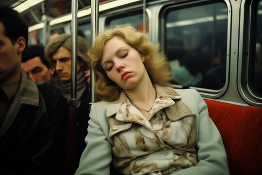 1970's style photo of exhausted NYC resident on subway. Innocence of the 70's, fluorescent lighting and gritty themes of Brooklyn.
