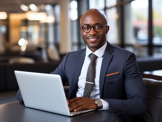Fototapeta premium A poised gentleman in a gray suit with a laptop sits comfortably, his spectacles adding a touch of sophistication. The ambient lit background adds to the modern setting.