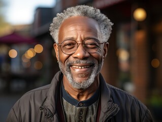 Obraz premium A cheerful elderly man with gray curly hair and glasses stands outdoors, with a vibrant urban setting behind him.