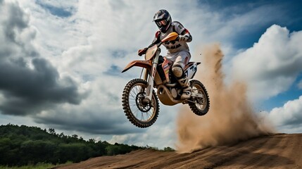 Lively motocross rider soaring over challenging jumps