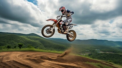 Lively motocross rider soaring over challenging jumps