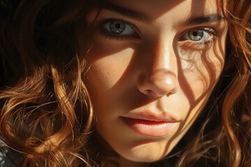 A close-up of a young woman's face, highlighting her striking green eyes and sunlit hair, with light and shadows playing across her features.