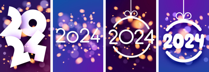 Set of 2024 new year cards. White paper numbers with shadows with blurred orange flying sparkles on purple backdrops.