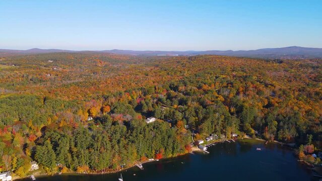 Mirror Lake shore at Lake Winnipesaukee aerial view in fall in town of Wolfeboro, New Hampshire NH, USA. 