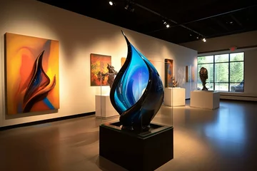 Foto auf Acrylglas Contemporary art show with futuristic sculptures, abstract organic shapes, and vibrant glass masterpieces exhibited in a fine gallery. Generative AI © Aphrodite