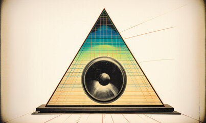 vintage illustration of a triangular speaker enclosure showing a woofer - obrazy, fototapety, plakaty