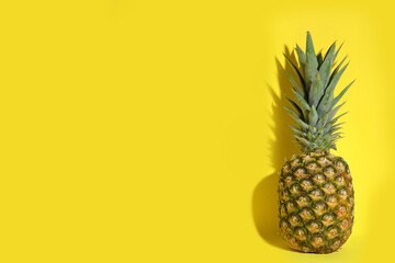 Whole ripe pineapple on yellow background, space for text
