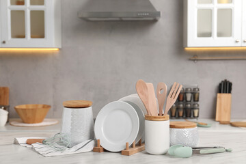 Fototapeta na wymiar Set of different kitchenware on white table at home