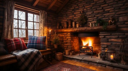 Fototapeta na wymiar Cozy cabin with a chimney puffing wood smoke 