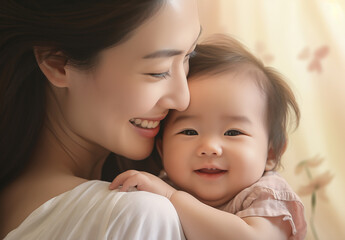 赤ちゃんを抱く若いアジア人ママ
 - obrazy, fototapety, plakaty