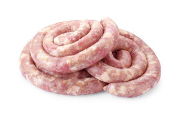 Raw homemade sausages on white background. Meat product
