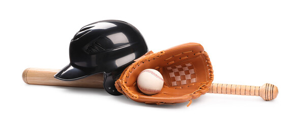 Baseball bat, ball, batting helmet and glove isolated on white