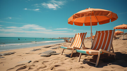 beach chairs and umbrella - obrazy, fototapety, plakaty