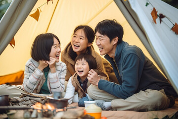 休日のキャンプを楽しむ笑顔の家族