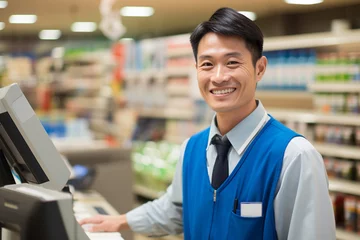 Foto op Plexiglas スーパーでレジ打ちをする笑顔の男性店員 © Kinapi