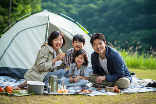 休日のキャンプを楽しむ笑顔の家族