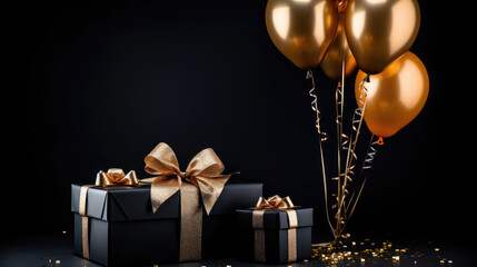 Black gold gift box with balloons and ribbon on black background