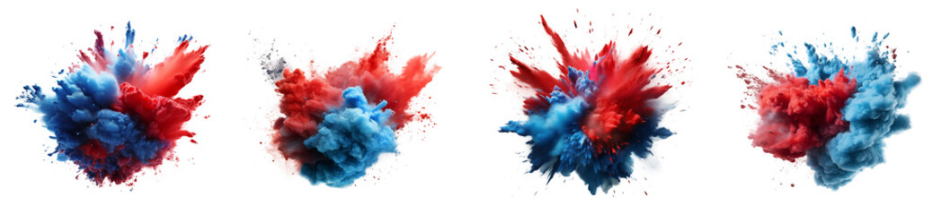 Set of powder explosion red and blue ink splashes, Colorful paint splash elements for design, isolated on white and transparent background - obrazy, fototapety, plakaty