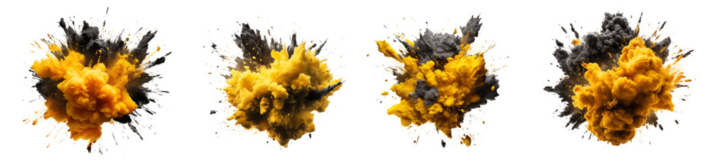 Set of powder explosion yellow and black ink splashes, Colorful paint splash elements for design, isolated on white and transparent background