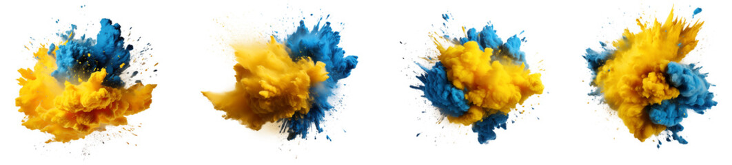 Set of powder explosion yellow and blue ink splashes, Colorful paint splash elements for design, isolated on white and transparent background - obrazy, fototapety, plakaty