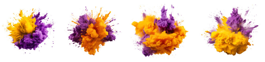 Set of powder explosion yellow and purple ink splashes, Colorful paint splash elements for design, isolated on white and transparent background - obrazy, fototapety, plakaty