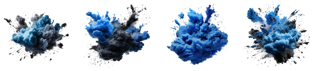 Set of powder explosion blue and black ink splashes, Colorful paint splash elements for design, isolated on white and transparent background - obrazy, fototapety, plakaty