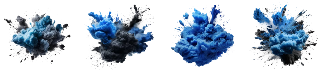 Fotobehang Set of powder explosion blue and black ink splashes, Colorful paint splash elements for design, isolated on white and transparent background © Black Pig