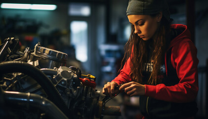 Fototapeta na wymiar female mechanic repairing car in workshop