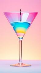 Rainbow colors alcohol cocktail drink in tall stemmed glass with a black straw. Pastel color gradient pink orange background. Minimal fun concept of birthday party, celebrating, toasting or happy hour