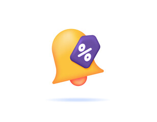 Fototapeta premium new offer notifications. shopping promotions or discounts. notification about coupons or discount vouchers. 3d illustration of bell and percent symbol. symbol or icon. minimalist 3d concept design.