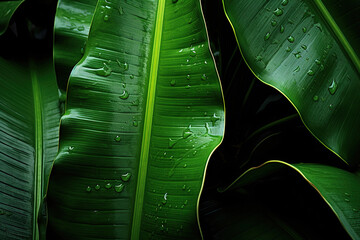 A close-up shot of a banana leaf reveals its intricate veins and textures, offering a botanical and detailed image
