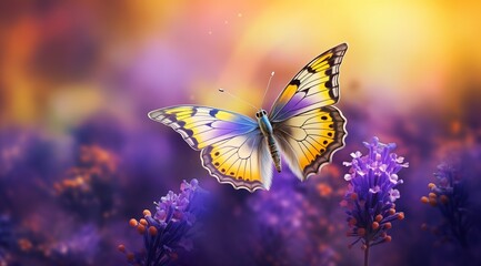 purple yellow butterfly flying field flowers best blue soft background vibrant letting opened wings fill metamorphose banner march - obrazy, fototapety, plakaty