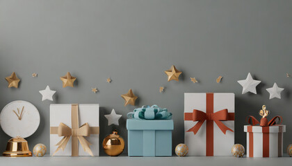  Christmas decorative items , gift box, star, bow and bell, Festive Holiday Decorations, Top view, copy space