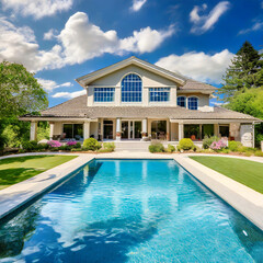 Beautiful home exterior and large swimming pool on sunny day with blue sk