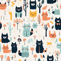 Hand drawn Japanese style seamless pattern of cats.