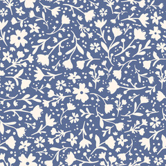Retro blue botany seamless repeat pattern. Random placed, vector flowers, leaves and dots all over surface print.