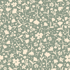Retro sage green botany seamless repeat pattern. Random placed, vector flowers, leaves and dots all over surface print.