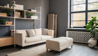 beige interior, White loveseat sofa against window near dark grey wall with shelving unit. Scandinavian home interior design of modern living room