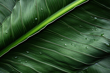 A close-up shot of a banana leaf reveals its intricate veins and textures, offering a botanical and detailed image