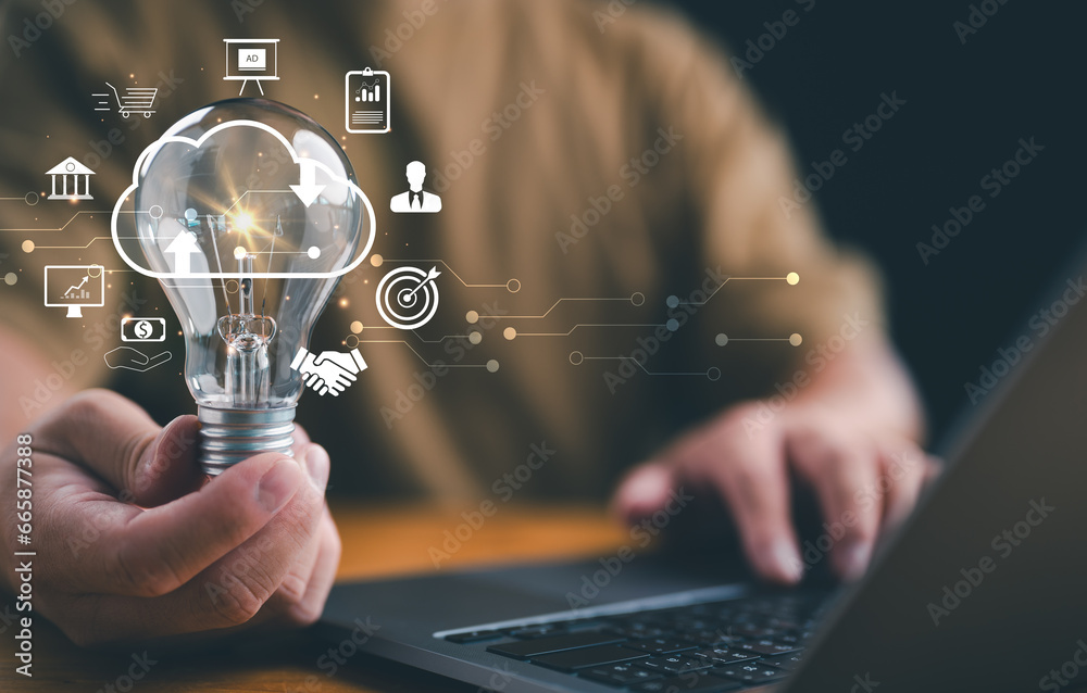 Poster businessman holding light blub with virtual global internet connection. global internet connection a