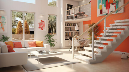Fototapeta premium modern living room with furniture in warm sun - Template - Mock up poster - Generative Ai