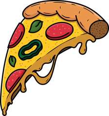 Transparent cartoon cheese italian pizza slice hand draw black border illustration clip art sticker blank template.	