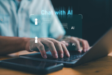 Naklejka premium AI tech Chat with AI, Artificial Intelligence. Man using technology smart robot AI, artificial intelligence by enter command prompt for generates something, Futuristic technology transformation.