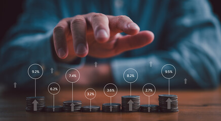 Investor, trader, investment, fund, stock market, businessman stacking coins different height with percentage for interest rating from differ investment, Financial profit return and dividend concept. - obrazy, fototapety, plakaty
