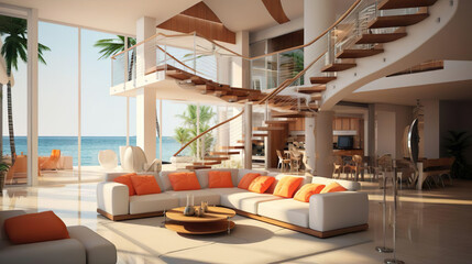 modern living room with open floor plan looking out at the beach - Generative Ai - obrazy, fototapety, plakaty
